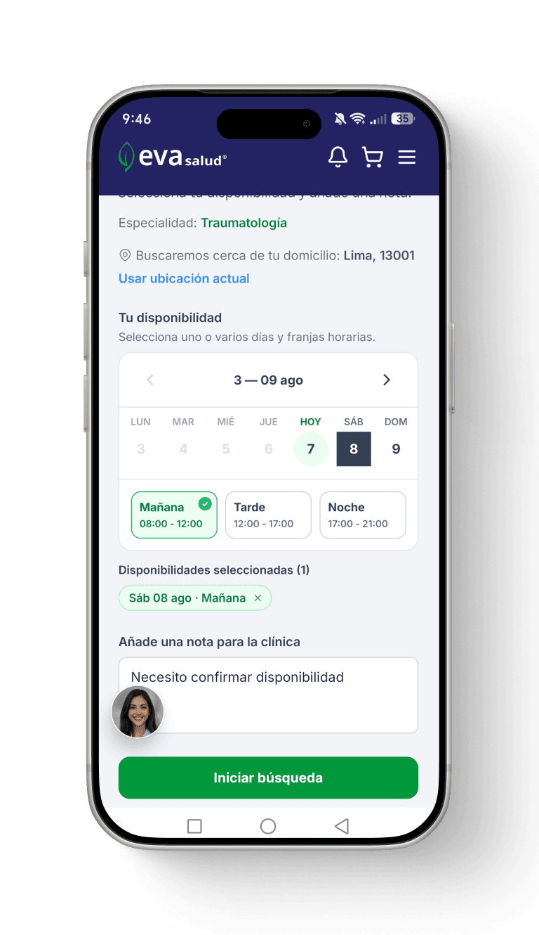 Elegir disponibilidad y añadir una nota para la clínica