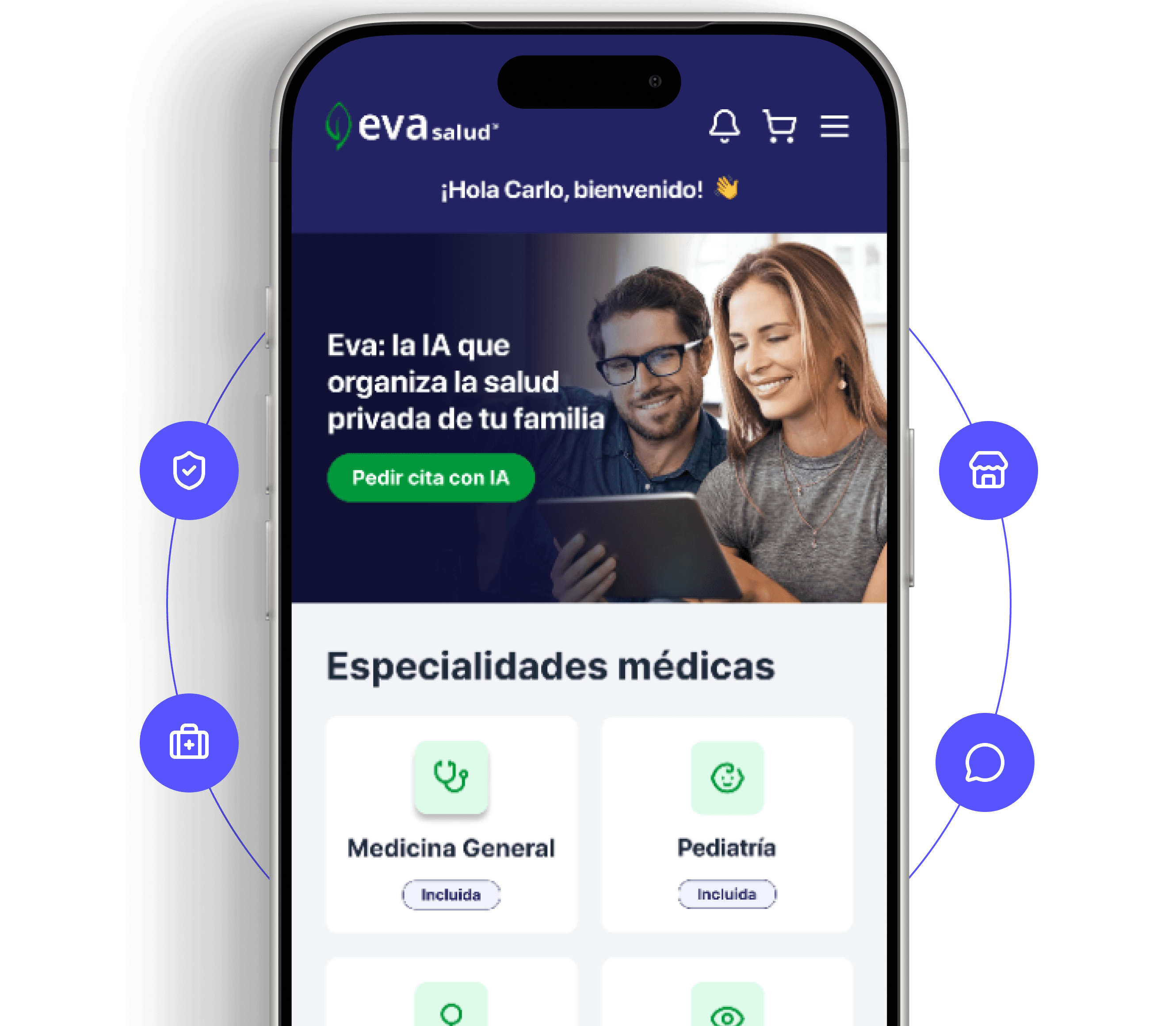 Pantalla de inicio de EVA Salud con especialidades médicas